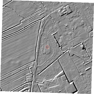 Shaded relief map of the ground around LN121JS, computed from Environment Agency LiDAR. The ground here sits at about 2 m above sea level and falls 7 m across the surrounding 800 m. Surface water reaching this point runs off ground lying to the north-east, 3.4 m higher.