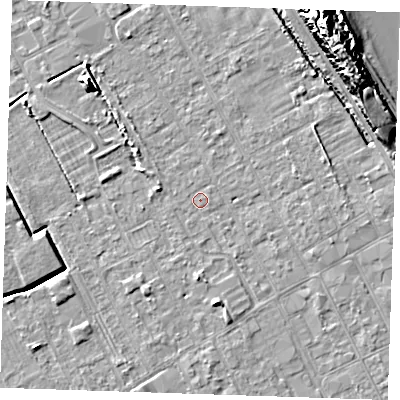 Shaded relief map of the ground around LN121JT, computed from Environment Agency LiDAR. The ground here sits at about 2 m above sea level and falls 16 m across the surrounding 800 m. Surface water reaching this point runs off ground lying to the south-south-west, 0.5 m higher.
