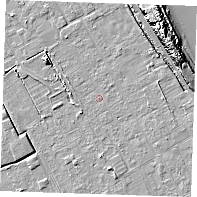 Shaded relief map of the ground around LN121JU, computed from Environment Agency LiDAR. The ground here sits at about 2 m above sea level and falls 16 m across the surrounding 800 m. Surface water reaching this point runs off ground lying to the north-east, 2.0 m higher.