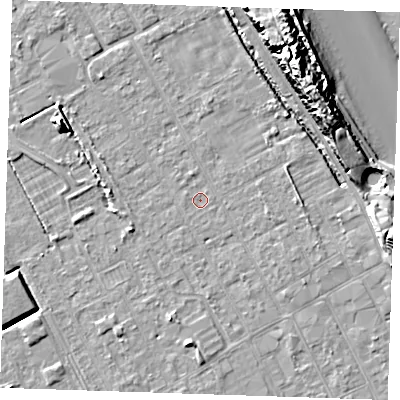 Shaded relief map of the ground around LN121JW, computed from Environment Agency LiDAR. The ground here sits at about 2 m above sea level and falls 16 m across the surrounding 800 m. Surface water reaching this point runs off ground lying to the north-north-east, 2.0 m higher.