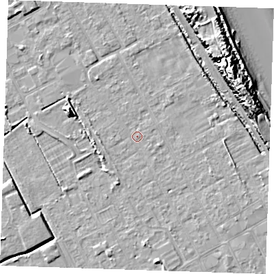 Shaded relief map of the ground around LN121JX, computed from Environment Agency LiDAR. The ground here sits at about 2 m above sea level and falls 16 m across the surrounding 800 m. Surface water reaching this point runs off ground lying to the north-east, 2.0 m higher.