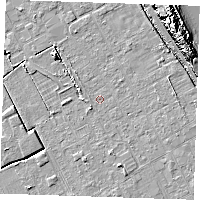 Shaded relief map of the ground around LN121JY, computed from Environment Agency LiDAR. The ground here sits at about 2 m above sea level and falls 16 m across the surrounding 800 m. Surface water reaching this point runs off ground lying to the south-west, 1.6 m higher.