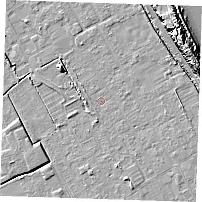 Shaded relief map of the ground around LN121JZ, computed from Environment Agency LiDAR. The ground here sits at about 2 m above sea level and falls 16 m across the surrounding 800 m. Surface water reaching this point runs off ground lying to the north-east, 2.0 m higher.