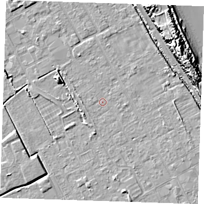 Shaded relief map of the ground around LN121LA, computed from Environment Agency LiDAR. The ground here sits at about 2 m above sea level and falls 16 m across the surrounding 800 m. Surface water reaching this point runs off ground lying to the north-east, 2.0 m higher.