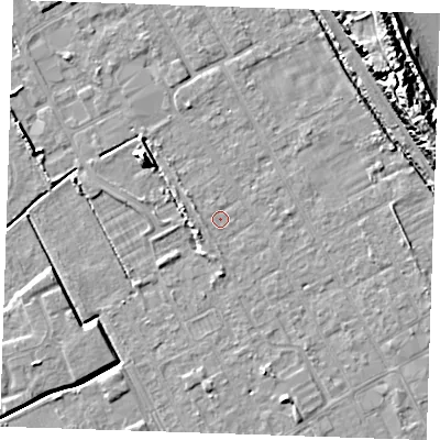 Shaded relief map of the ground around LN121LB, computed from Environment Agency LiDAR. The ground here sits at about 2 m above sea level and falls 16 m across the surrounding 800 m. Surface water reaching this point runs off ground lying to the north-east, 2.0 m higher.
