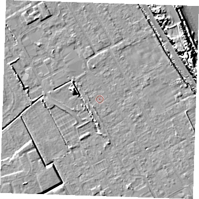 Shaded relief map of the ground around LN121LD, computed from Environment Agency LiDAR. The ground here sits at about 2 m above sea level and falls 16 m across the surrounding 800 m. Surface water reaching this point runs off ground lying to the east-north-east, 2.0 m higher.