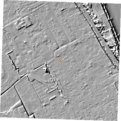 Shaded relief map of the ground around LN121LE, computed from Environment Agency LiDAR. The ground here sits at about 2 m above sea level and falls 16 m across the surrounding 800 m. Surface water reaching this point runs off ground lying to the south-west, 6.8 m higher.