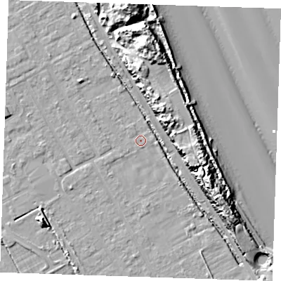 Shaded relief map of the ground around LN121LF, computed from Environment Agency LiDAR. The ground here sits at about 2 m above sea level and falls 18 m across the surrounding 800 m. Surface water reaching this point runs off ground lying to the north-east, 0.9 m higher.