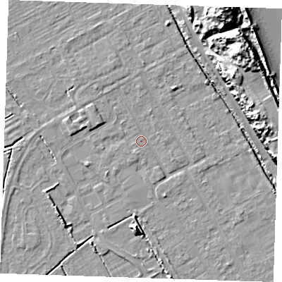 Shaded relief map of the ground around LN121LG, computed from Environment Agency LiDAR. The ground here sits at about 2 m above sea level and falls 17 m across the surrounding 800 m. Surface water reaching this point runs off ground lying to the north, 0.9 m higher.