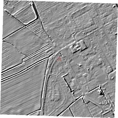 Shaded relief map of the ground around LN121LH, computed from Environment Agency LiDAR. The ground here sits at about 2 m above sea level and falls 7 m across the surrounding 800 m. Surface water reaching this point runs off ground lying to the south-south-east, 1.8 m higher.