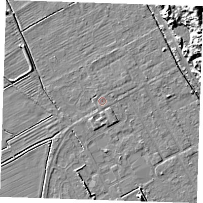 Shaded relief map of the ground around LN121LJ, computed from Environment Agency LiDAR. The ground here sits at about 2 m above sea level and falls 17 m across the surrounding 800 m. Surface water reaching this point runs off ground lying to the east-north-east, 0.9 m higher.