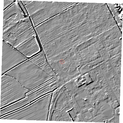 Shaded relief map of the ground around LN121LL, computed from Environment Agency LiDAR. The ground here sits at about 1 m above sea level and falls 11 m across the surrounding 800 m. Surface water reaching this point runs off ground lying to the east, 1.2 m higher.