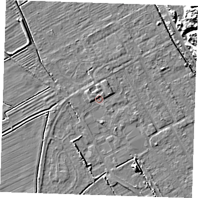 Shaded relief map of the ground around LN121LN, computed from Environment Agency LiDAR. The ground here sits at about 2 m above sea level and falls 17 m across the surrounding 800 m. Surface water reaching this point runs off ground lying to the east-north-east, 1.9 m higher.