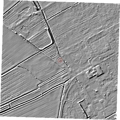 Shaded relief map of the ground around LN121LP, computed from Environment Agency LiDAR. The ground here sits at about 2 m above sea level and falls 5 m across the surrounding 800 m. Surface water reaching this point runs off ground lying to the east, 2.3 m higher.