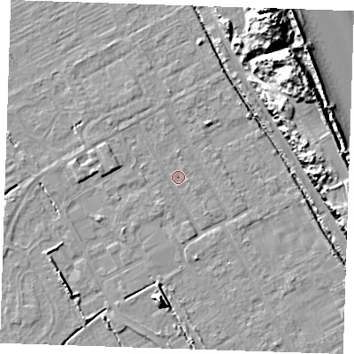 Shaded relief map of the ground around LN121LQ, computed from Environment Agency LiDAR. The ground here sits at about 2 m above sea level and falls 17 m across the surrounding 800 m. Surface water reaching this point runs off ground lying to the north-north-west, 0.9 m higher.