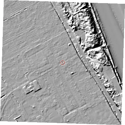 Shaded relief map of the ground around LN121LR, computed from Environment Agency LiDAR. The ground here sits at about 2 m above sea level and falls 18 m across the surrounding 800 m. Surface water reaching this point runs off ground lying to the west, 0.9 m higher.