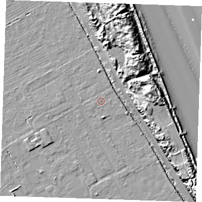 Shaded relief map of the ground around LN121LS, computed from Environment Agency LiDAR. The ground here sits at about 2 m above sea level and falls 19 m across the surrounding 800 m. Surface water reaching this point runs off ground lying to the south-west, 0.7 m higher.