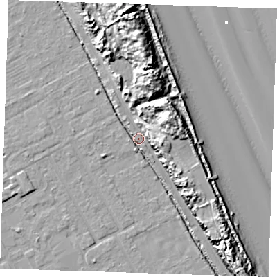Shaded relief map of the ground around LN121LT, computed from Environment Agency LiDAR. The ground here sits at about 3 m above sea level and falls 20 m across the surrounding 800 m. Surface water reaching this point runs off ground lying to the north, 17.1 m higher.
