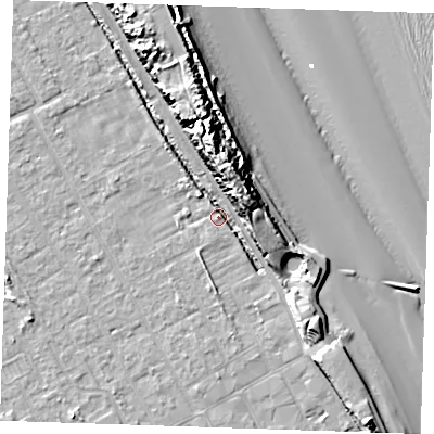 Shaded relief map of the ground around LN121LU, computed from Environment Agency LiDAR. The ground here sits at about 2 m above sea level and falls 18 m across the surrounding 800 m. Surface water reaching this point runs off ground lying to the east-north-east, 13.0 m higher.