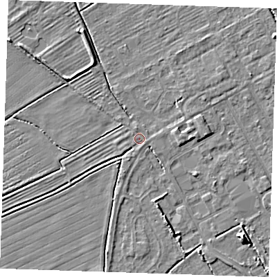 Shaded relief map of the ground around LN121LW, computed from Environment Agency LiDAR. The ground here sits at about 2 m above sea level and falls 7 m across the surrounding 800 m. Surface water reaching this point runs off ground lying to the north-north-west, 0.5 m higher.