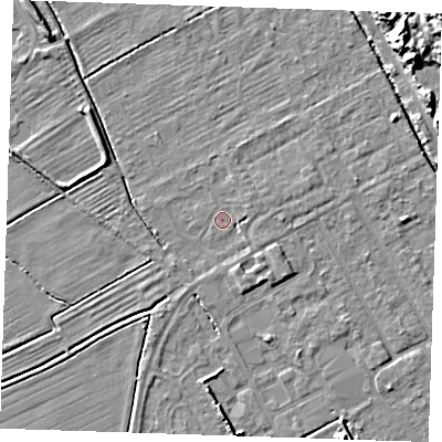 Shaded relief map of the ground around LN121LX, computed from Environment Agency LiDAR. The ground here sits at about 2 m above sea level and falls 13 m across the surrounding 800 m. Surface water reaching this point runs off ground lying to the east, 0.7 m higher.