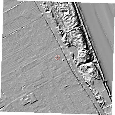 Shaded relief map of the ground around LN121LY, computed from Environment Agency LiDAR. The ground here sits at about 2 m above sea level and falls 19 m across the surrounding 800 m. Surface water reaching this point runs off ground lying to the east-south-east, 1.3 m higher.