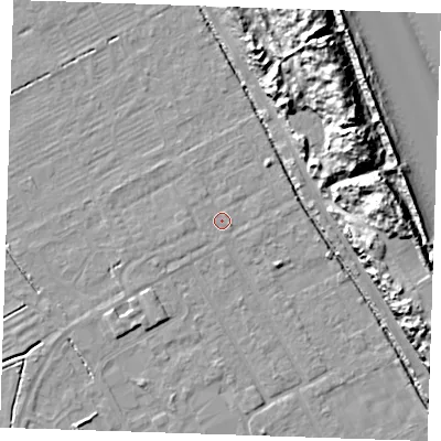Shaded relief map of the ground around LN121LZ, computed from Environment Agency LiDAR. The ground here sits at about 2 m above sea level and falls 18 m across the surrounding 800 m. Surface water reaching this point runs off ground lying to the west-south-west, 0.7 m higher.