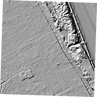 Shaded relief map of the ground around LN121NA, computed from Environment Agency LiDAR. The ground here sits at about 2 m above sea level and falls 18 m across the surrounding 800 m. Surface water reaching this point runs off ground lying to the south, 1.0 m higher.