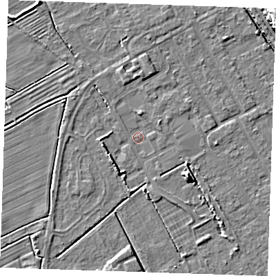 Shaded relief map of the ground around LN121NB, computed from Environment Agency LiDAR. The ground here sits at about 2 m above sea level and falls 9 m across the surrounding 800 m. Surface water reaching this point runs off ground lying to the south-west, 4.3 m higher.
