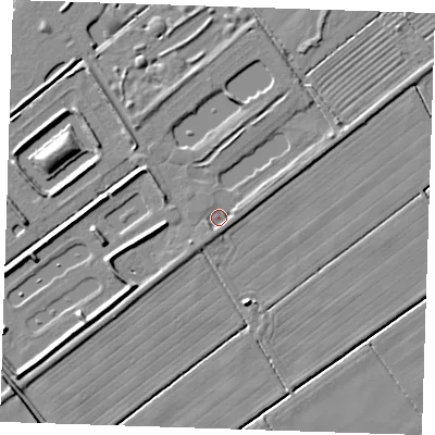 Shaded relief map of the ground around LN121NE, computed from Environment Agency LiDAR. The ground here sits at about 2 m above sea level and falls 5 m across the surrounding 800 m. Surface water reaching this point runs off ground lying to the south-west, 1.3 m higher.