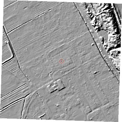 Shaded relief map of the ground around LN121NF, computed from Environment Agency LiDAR. The ground here sits at about 2 m above sea level and falls 18 m across the surrounding 800 m. The ground contributing surface water to this point lies to the south-east.