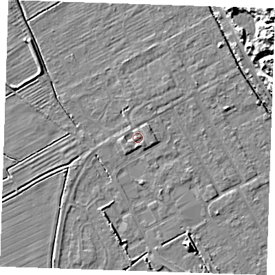 Shaded relief map of the ground around LN121NG, computed from Environment Agency LiDAR. The ground here sits at about 3 m above sea level and falls 17 m across the surrounding 800 m. Surface water reaching this point runs off ground lying to the west-south-west, 1.4 m higher.