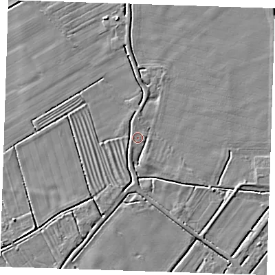 Shaded relief map of the ground around LN121NH, computed from Environment Agency LiDAR. The ground here sits at about 2 m above sea level and falls 4 m across the surrounding 800 m. Surface water reaching this point runs off ground lying to the south-south-west, 1.7 m higher.