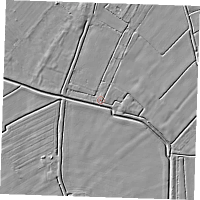 Shaded relief map of the ground around LN121NL, computed from Environment Agency LiDAR. The ground here sits at about 2 m above sea level and falls 3 m across the surrounding 800 m. Surface water reaching this point runs off ground lying to the east-south-east, 1.3 m higher.