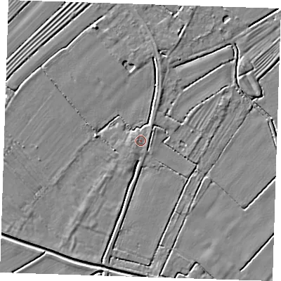 Shaded relief map of the ground around LN121NN, computed from Environment Agency LiDAR. The ground here sits at about 2 m above sea level and falls 3 m across the surrounding 800 m. Surface water reaching this point runs off ground lying to the west, 0.8 m higher.