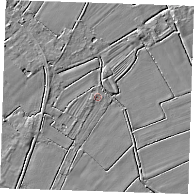Shaded relief map of the ground around LN121NP, computed from Environment Agency LiDAR. The ground here sits at about 2 m above sea level and falls 4 m across the surrounding 800 m. Surface water reaching this point runs off ground lying to the west-south-west, 0.7 m higher.