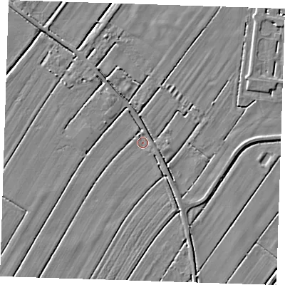Shaded relief map of the ground around LN121NQ, computed from Environment Agency LiDAR. The ground here sits at about 2 m above sea level and falls 3 m across the surrounding 800 m. Surface water reaching this point runs off ground lying to the north-west, 1.7 m higher.
