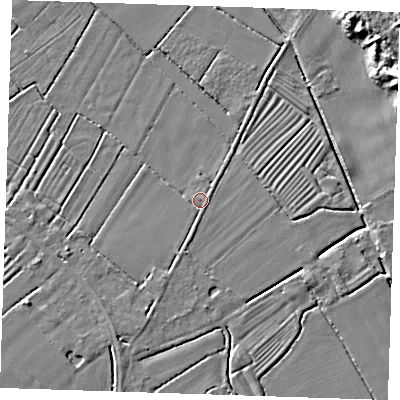 Shaded relief map of the ground around LN121NR, computed from Environment Agency LiDAR. The ground here sits at about 2 m above sea level and falls 11 m across the surrounding 800 m. Surface water reaching this point runs off ground lying to the south-south-west, 1.3 m higher.