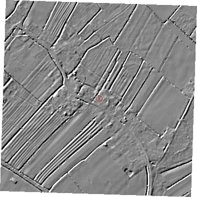 Shaded relief map of the ground around LN121NS, computed from Environment Agency LiDAR. The ground here sits at about 3 m above sea level and falls 4 m across the surrounding 800 m. Surface water reaching this point runs off ground lying to the north-north-east, 1.5 m higher.