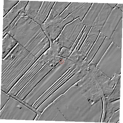 Shaded relief map of the ground around LN121NT, computed from Environment Agency LiDAR. The ground here sits at about 2 m above sea level and falls 4 m across the surrounding 800 m. Surface water reaching this point runs off ground lying to the west-south-west, 2.5 m higher.