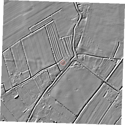 Shaded relief map of the ground around LN121NU, computed from Environment Agency LiDAR. The ground here sits at about 2 m above sea level and falls 4 m across the surrounding 800 m. Surface water reaching this point runs off ground lying to the west-south-west, 1.0 m higher.
