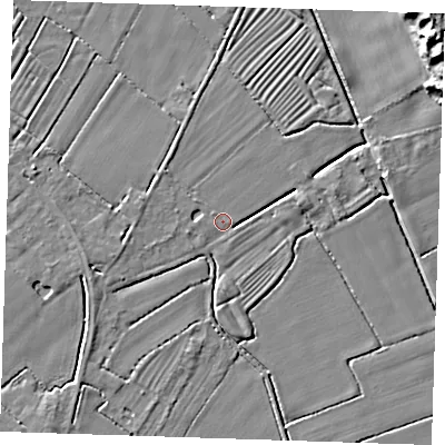 Shaded relief map of the ground around LN121NW, computed from Environment Agency LiDAR. The ground here sits at about 2 m above sea level and falls 11 m across the surrounding 800 m. Surface water reaching this point runs off ground lying to the east-north-east, 2.8 m higher.