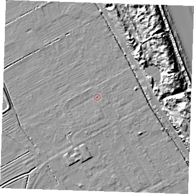 Shaded relief map of the ground around LN121NZ, computed from Environment Agency LiDAR. The ground here sits at about 2 m above sea level and falls 18 m across the surrounding 800 m. Surface water reaching this point runs off ground lying to the south, 0.9 m higher.