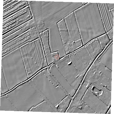 Shaded relief map of the ground around LN121PA, computed from Environment Agency LiDAR. The ground here sits at about 2 m above sea level and falls 4 m across the surrounding 800 m. Surface water reaching this point runs off ground lying to the south-east, 0.6 m higher.