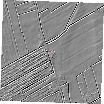 Shaded relief map of the ground around LN121PB, computed from Environment Agency LiDAR. The ground here sits at about 2 m above sea level and falls 3 m across the surrounding 800 m. Surface water reaching this point runs off ground lying to the south, 0.9 m higher.