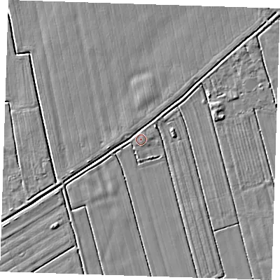 Shaded relief map of the ground around LN121PD, computed from Environment Agency LiDAR. The ground here sits at about 3 m above sea level and falls 3 m across the surrounding 800 m. Surface water reaching this point runs off ground lying to the west-south-west, 2.5 m higher.