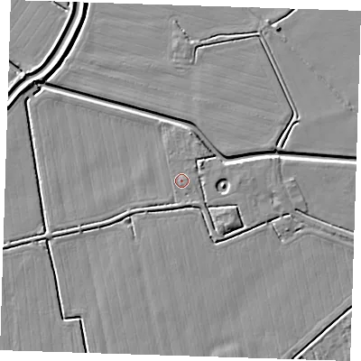 Shaded relief map of the ground around LN121PE, computed from Environment Agency LiDAR. The ground here sits at about 3 m above sea level and falls 4 m across the surrounding 800 m. Surface water reaching this point runs off ground lying to the south-south-east, 1.2 m higher.