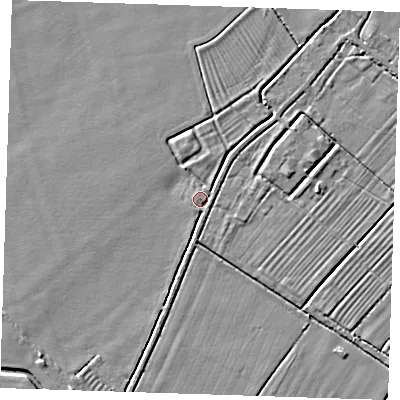 Shaded relief map of the ground around LN121PF, computed from Environment Agency LiDAR. The ground here sits at about 2 m above sea level and falls 3 m across the surrounding 800 m. Surface water reaching this point runs off ground lying to the south-east, 1.4 m higher.