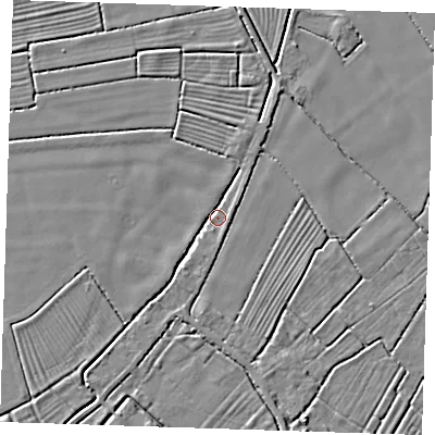 Shaded relief map of the ground around LN121PG, computed from Environment Agency LiDAR. The ground here sits at about 2 m above sea level and falls 3 m across the surrounding 800 m. Surface water reaching this point runs off ground lying to the north-north-east, 1.9 m higher.