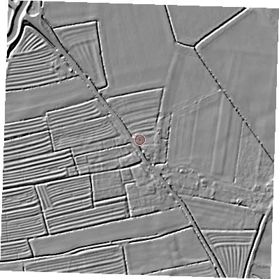 Shaded relief map of the ground around LN121PH, computed from Environment Agency LiDAR. The ground here sits at about 2 m above sea level and falls 4 m across the surrounding 800 m. Surface water reaching this point runs off ground lying to the north-west, 2.0 m higher.